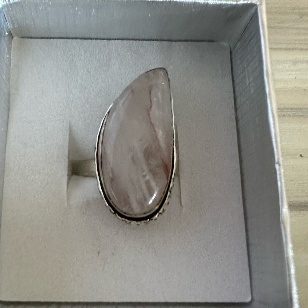 💕‎ Rose Quartz Stamped Silver overlay Statement Ring Pink Oval stone adjustable